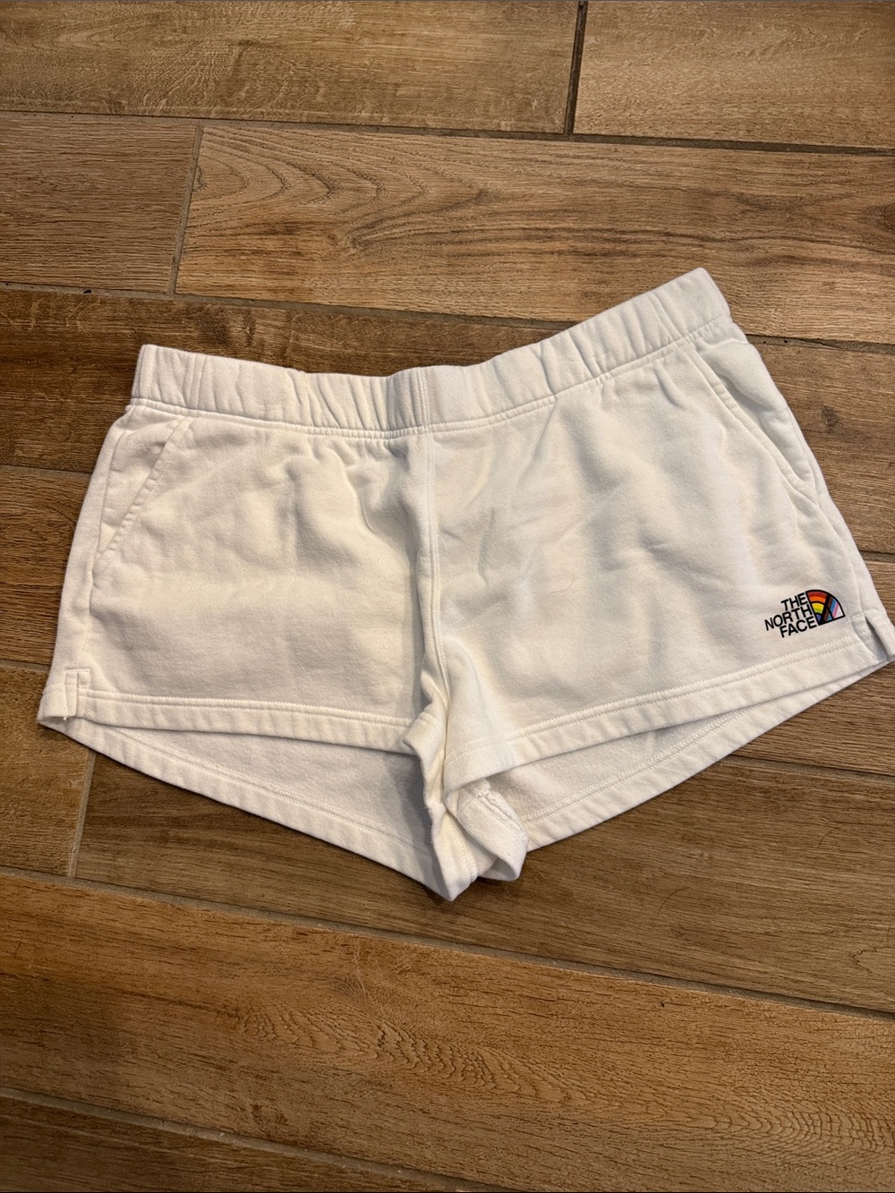 The North Face White Athletic Fleece Short Shorts with Rainbow Logo